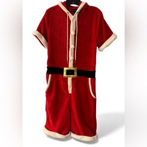 #1497 - Blizzard Bay Plush Santa Suit Hooded Shorty Romper Onesie Red & White